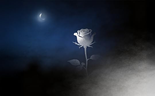A faint silver rose silhouette on a deep indigo background.