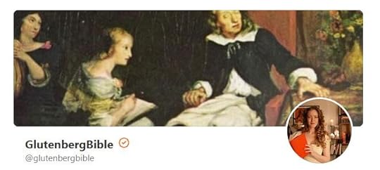 John Milton in a painting, seated and attended to by two daughters, an inset circular portrait is Glutenberg Bible author Carson, who holds a large orange book open.