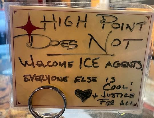 Coffee shop hand-written sign states ICE agents not welcome, everyone else is.