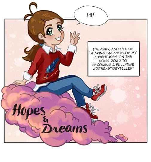 Abby, the main character, sits on a fluffy cloud on which are the words 