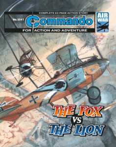 The cover for Commando issue 5941, The Fox Vs The Lion, showing a biplane battle above the trenches of World War One.