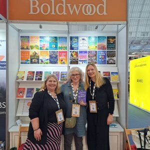 photo of Debbie on Boldwood Books London Book Fair stand