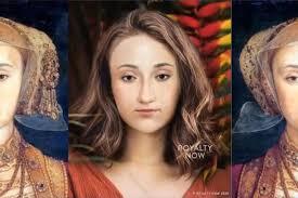 A digital artwork featuring a modern reinterpretation of a historical portrait, displaying a woman with long, wavy brown hair in the center, flanked by two classical portraits of women in ornate historical attire.