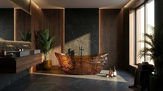 Large oval amber-colored resin tub in modern bathroom.