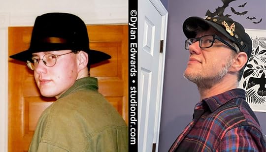 side by side photos of trans cartoonist Dylan Edwards one year into HRT and 25 years into HRT