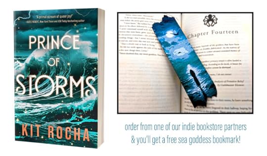 Preorder from one of our indie bookstore partners and you'll get a free bookmark. The bookmark has rough edges like torn paper and features the dark silhouette of a woman staring out into the ocean churning in teal and dark blue waves, with the moon reflecting down on it