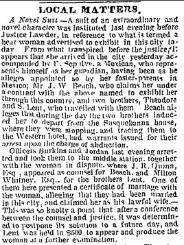 A historical newspaper clipping discussing a legal case involving a woman named Nepli and her alleged marriage disputes with two brothers, highlighting the proceedings before a justice of the peace.