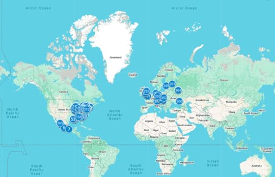 World map highlighting various locations with numbered points, indicating specific data, with emphasis on North America and Europe.