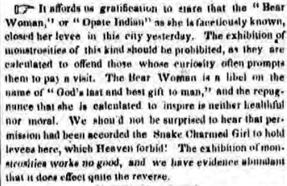 A historical newspaper excerpt discussing the exhibition of the 'Bear Woman' and its moral implications.