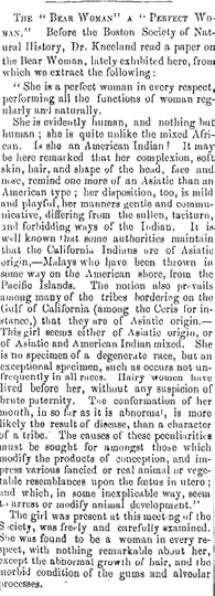 A historical text discussing the characteristics and classification of a 'Bear Woman' as presented to the Boston Society of Natural History.