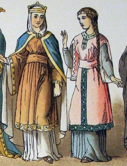A 19th century illustration of 2 early medieval women