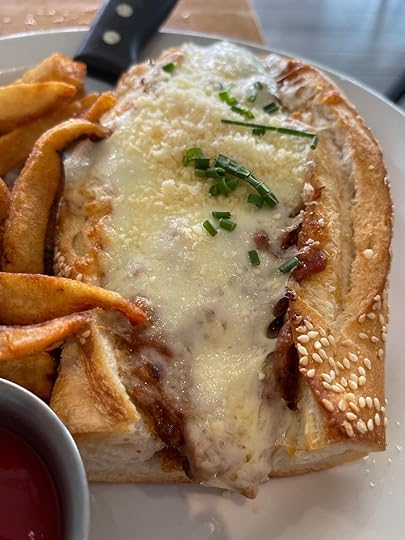 Big Ragout sandwich from Blue Collar in Miami made with pork shoulder, brisket, sausage, pancetta, rigatoni and San Marzano tomatoes on toasted bread