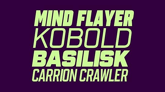 A Citywide type specimen, lime green italic type on a purple background. It reads from top to bottom: Mind Flayer, Kobold, Basilisk, Carrion Crawler.