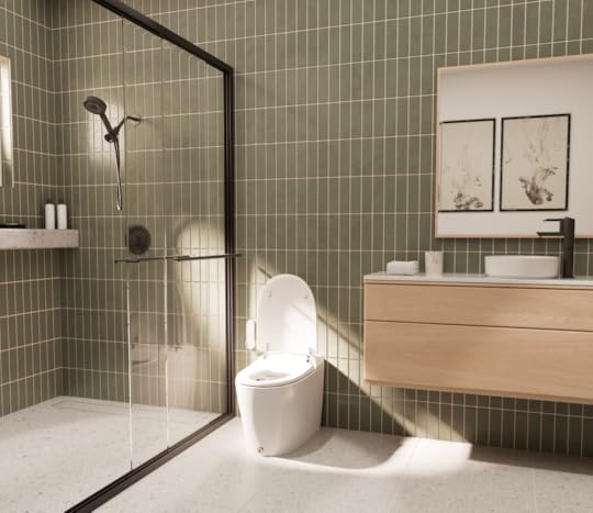 modern residential bathroom with floating vanity, bidet toilet, barrier free shower, green tile walls