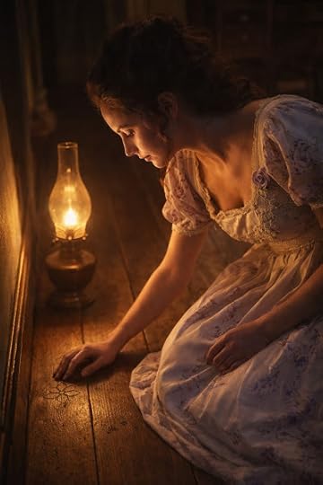 Young woman in a Regency gown kneels on wooden floorboards by lamplight, tracing a hidden carved symbol in a historical mystery scene.