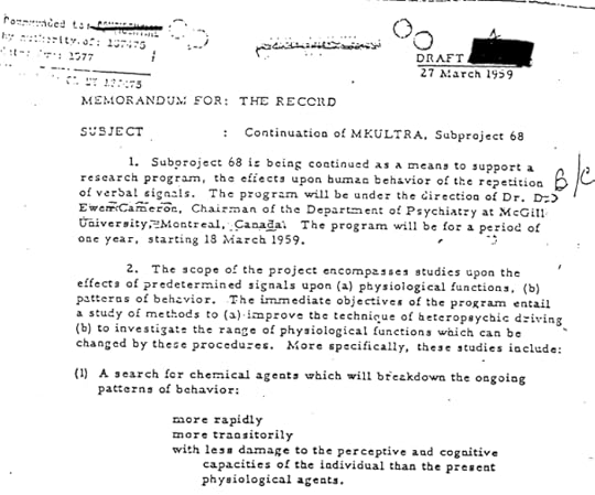 A draft memorandum dated March 27, 1959, discussing Subproject 68 related to MKULTRA, outlining research on the effects of verbal signals on human behavior and physiological functions.