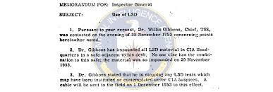 A memorandum addressed to the Inspector General discussing the use of LSD, including details about Dr. Willis Gibbons, the handling of LSD materials, and related safety procedures.