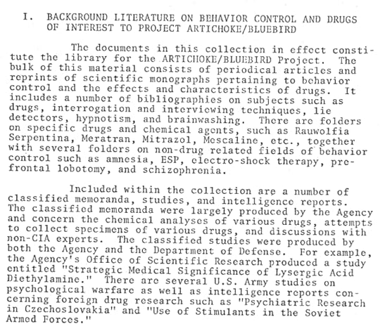 Document titled 'Background Literature on Behavior Control and Drugs of Interest to Project Artichoke/Bluebird' detailing various studies on drugs, behavior control, interrogation techniques, and psychological warfare.