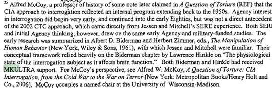 Text excerpt discussing Alfred McCoy's perspective on CIA interrogation methods and their historical context, including references to MKULTRA and related studies.