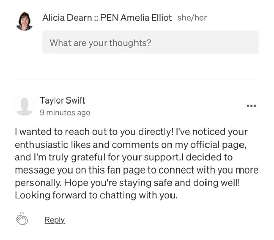 Screen capture of a comment to the author claiming falsely to be from Taylor Swift.