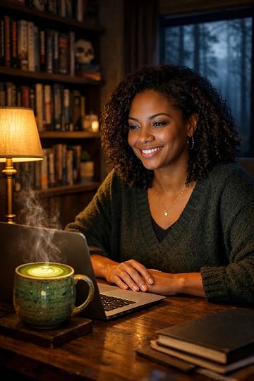  Author T.C. Shadowbrook in a cozy home office with matcha hosting her new online Discord book club.