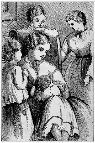 Victorian black and white drawing of a seated woman surrounded by her four daughters.