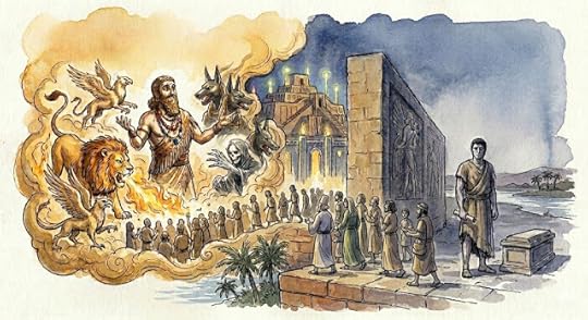 A vibrant watercolor illustration from Shon Mehta's Stories of Jivavarta showing Kushta surrounded by mythical griffins and a fire-breathing lion as he convinces villagers he cheated death.