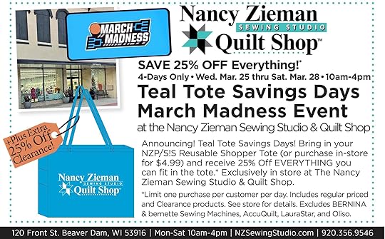 March Madness Teal Tote Savings Days at The Nancy Zieman Sewing Studio March 2026