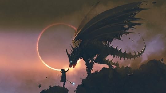 A person reaching out to touch a mythical creature. An eclipsed sun is in the background. 