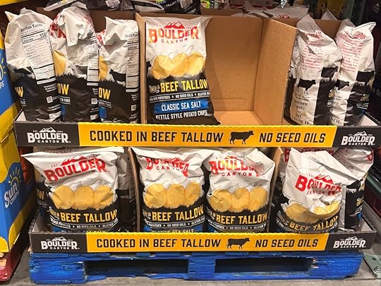 Boulder Canyon beef tallow potato chips display at Costco featuring classic sea salt kettle style chips cooked in beef tallow
