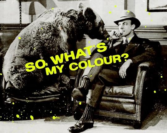 A vintage black and white photograph of a bear and a man sitting in armchairs and looking at each other with the bear asking, 