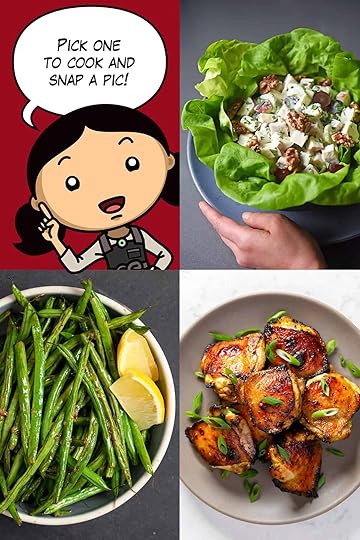 A cartoon Michelle is surrounded by pictures of the three recipes for the April 2026 Nom Nom Paleo Cooking Challenge.