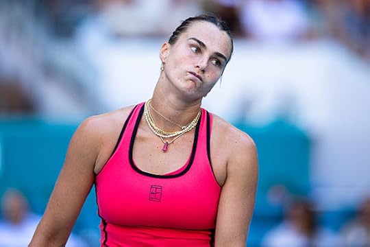 Aryna Sabalenka reacts during her match against Coco Gauff of the United States on Day 12 of the Miami Open at Hard Rock Stadium in Miami Gardens,...