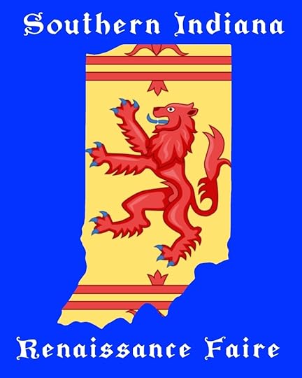 image that looks like a heraldic badge. The state of Indiana is in yellow and shows a medieval red lion rearing up on its hind legs.