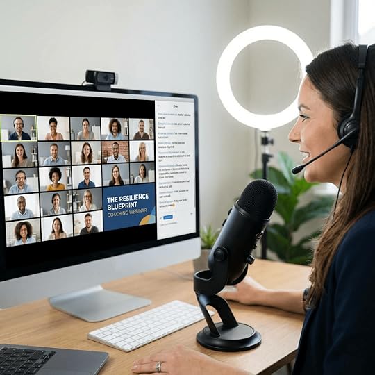 Woman hosting 'The Resilience Blueprint Coaching Webinar' using a professional microphone and ring light.
