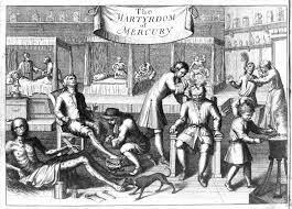 An 18th-century illustration titled 'The Martyrdom of Mercury,' depicting a historical medical scene with various figures engaged in dissection and treatment, featuring a skeletal figure, doctors, and assistants in a clinical setting.
