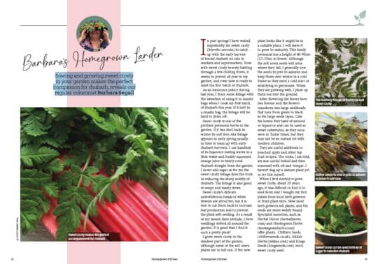 Double page spread of a magazine showing soft leaved herb sweet cicely and stalks of rhubarb, text