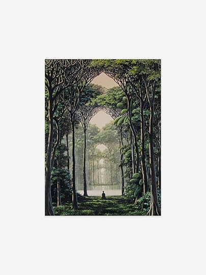 Meditating figure looking on into a luscious forest in front of a lake