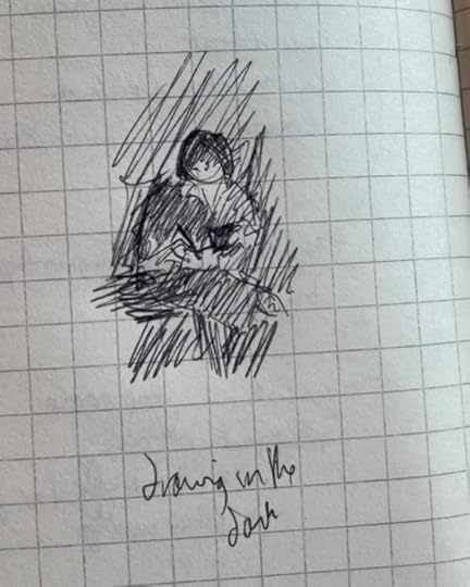 Tiny scribbly ballpoint drawing of me drawing in the dark