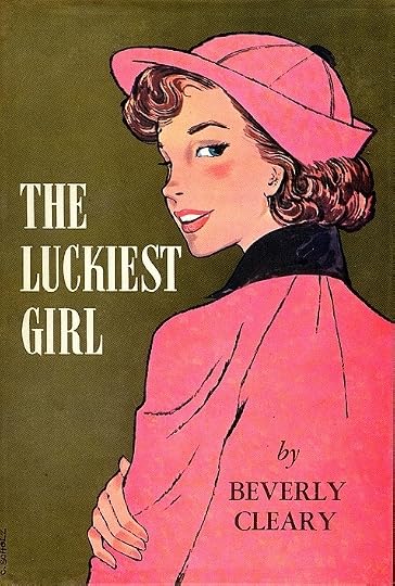 Illustrated 1958 Luckiest Girl book cover shows a smiling teenage girl wearing a pink raincoat and matching hat