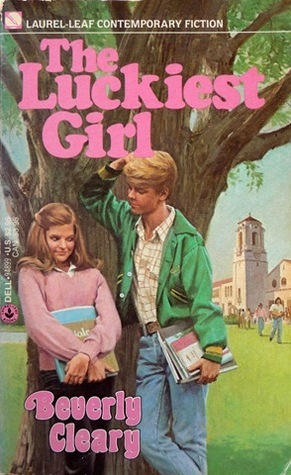 Illustrated 1980 Luckiest Girl book cover shows a teenage boy leaning his arm against the tree above the head of a shy-looking teenage girl