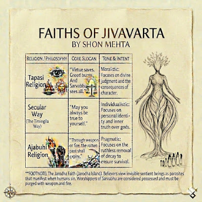 world-building chart for Jivavarta faiths by Shon Mehta, detailing Tapasi Religion, Secular Way, and Ajabuhi Religion with their core slogans and pragmatic intents.