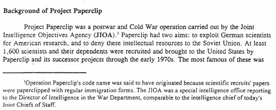 Text excerpt explaining the background and objectives of Project Paperclip, including its role in recruiting German scientists after World War II.