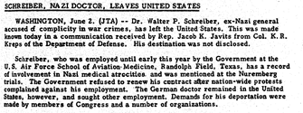 Newspaper article reporting the departure of Dr. Walter P. Schreiber, a former Nazi doctor, from the United States due to accusations of war crimes.