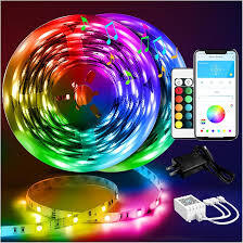 A circular spool of colorful LED strip lights with a smartphone app displaying color options and a power adapter.