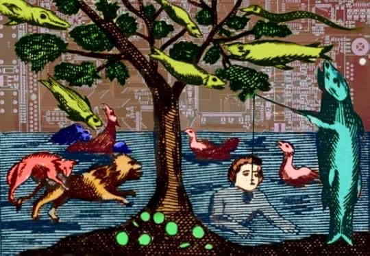 A pair of broken off statue legs, shod in Roman sandals, atop a cliff. Behind them, we see a futuristic city.