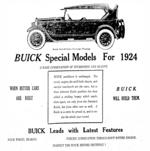 Advertisement for Buick Motor Car, with illustration of a 1924 touring model.