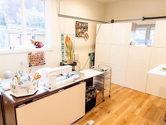 Marie's finished garage-to-sewing-room conversion, showing the main sewing desk space