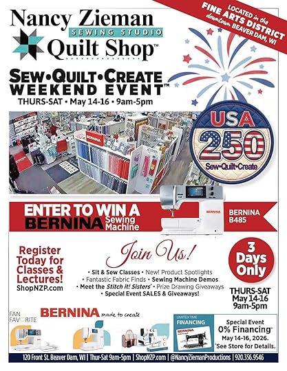 2026 Sew Quilt Create Weekend Event at the Nancy Zieman Sewing Studio And Quilt Shop in Downtown Beaver Dam WI 