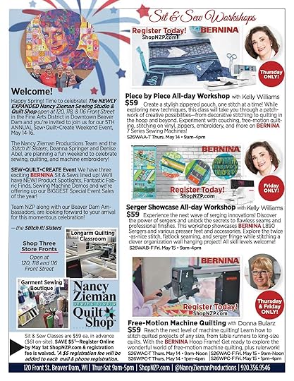 2026 Sew Quilt Create Weekend Event at the Nancy Zieman Sewing Studio And Quilt Shop in Downtown Beaver Dam WI 